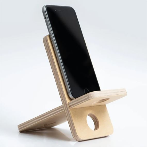 SOPORTE UNIVERSAL PARA CELULAR DE MADERA EN BOLSA DE LIENZO