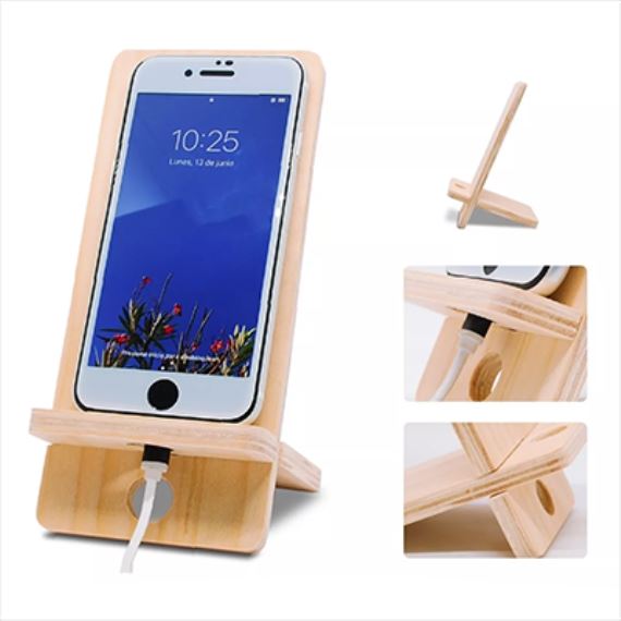 ECO SOPORTE UNIVERSAL PARA CELULAR –IPAD ECO DE MADERA DE GUATAMBÚ EN BOLSA DE LIENZO