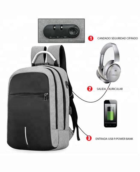 MOCHILA PORTANOTEBOOK ANTI ROBO CON CANDADO CIFRADO Y CONEXIÓN USB EXTERNA  'ALPHA' - MG